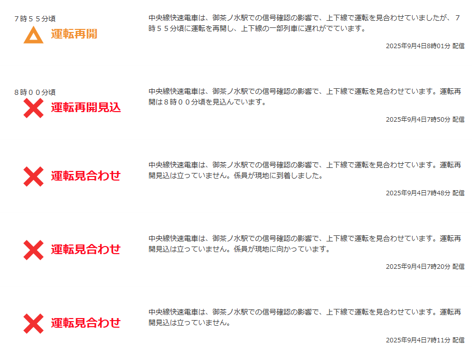 JR中央快速線運転情報